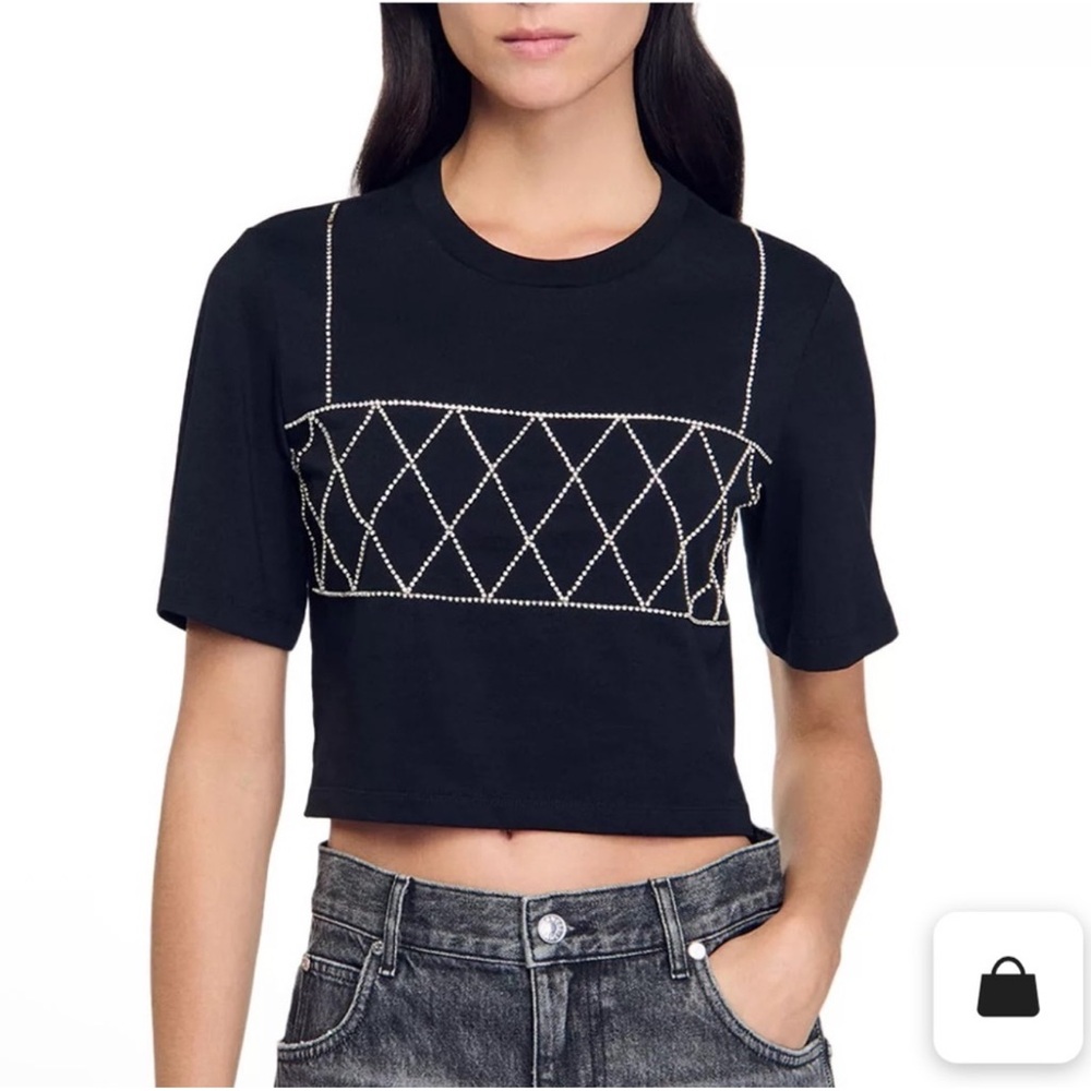 Sandro Black Diamond-Patterned Crop Top